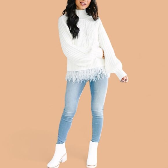 ENTRO What's Going On Cream White Feather Trim Sweater in the Size Medium - Picture 3 of 14